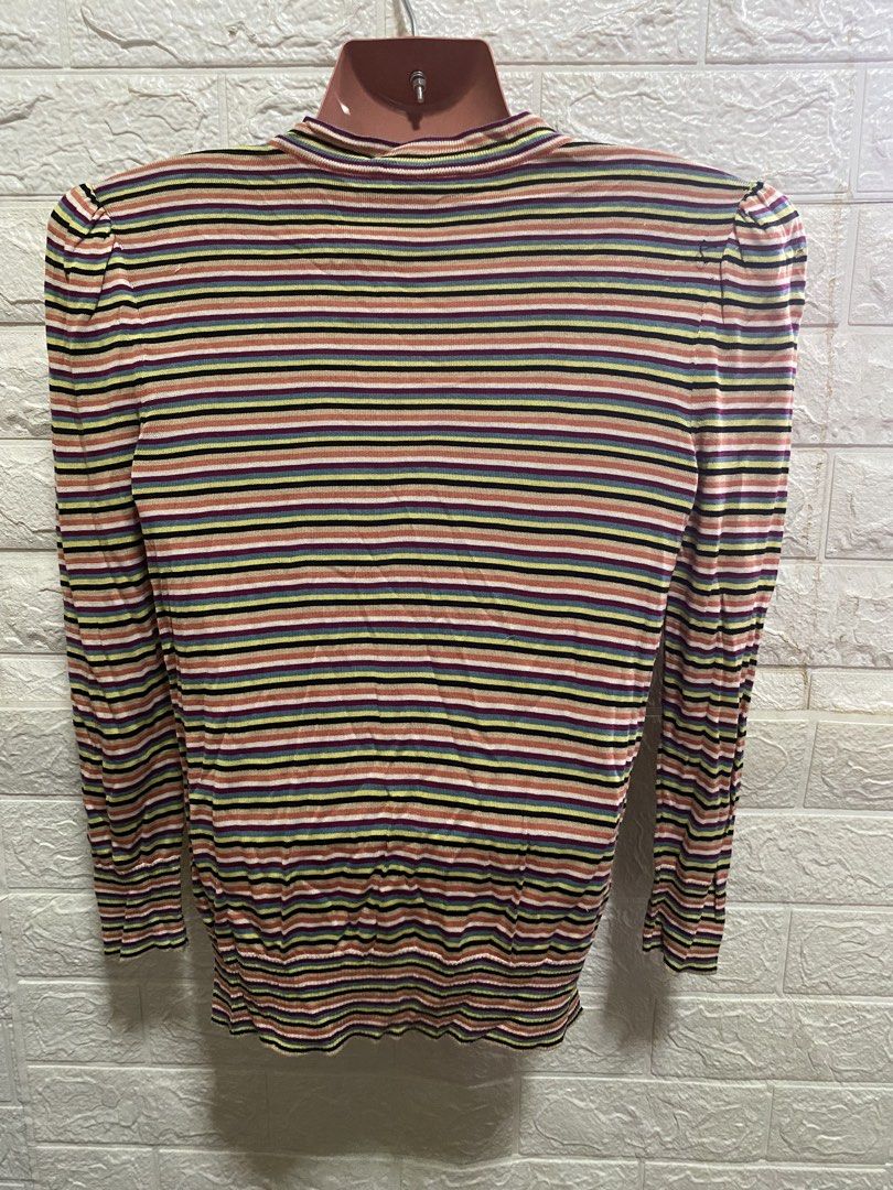 The Limited Rainbow Stripe Tie-Neck Cardigan Top RN 54874 (Category: Coats, Jackets and Outerwear) located in Paranaque City. Submitted by ChloeCharles (Listing ID 1445503405, Image 2). Description: Small to Medium Cute retro multicolor striped long sleeve top! • Keyhole tie-neck / halter tie detail • Pearl buttons front • Soft, stretchy lightweight knit - comfy for office, brunch, or night out • Color: Rainbow stripes - beige, yellow, teal, pink