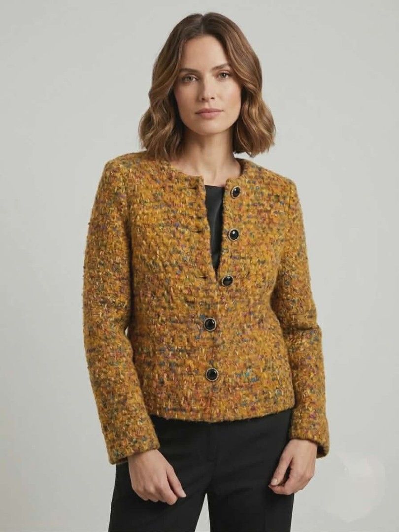 Tweed Button-Up Jacket (Category: Coats, Jackets and Outerwear) located in Manila. Submitted by rtins (Listing ID 1445541199, Image 2). Description: - Textured jacket in a stylish mustard yellow. - Features a classic round neckline. - Secured with black button closures down the front. - Long sleeves for added coverage. - Effortlessly dresses up or down. - Ideal for layering over tops or dresses. size : small .