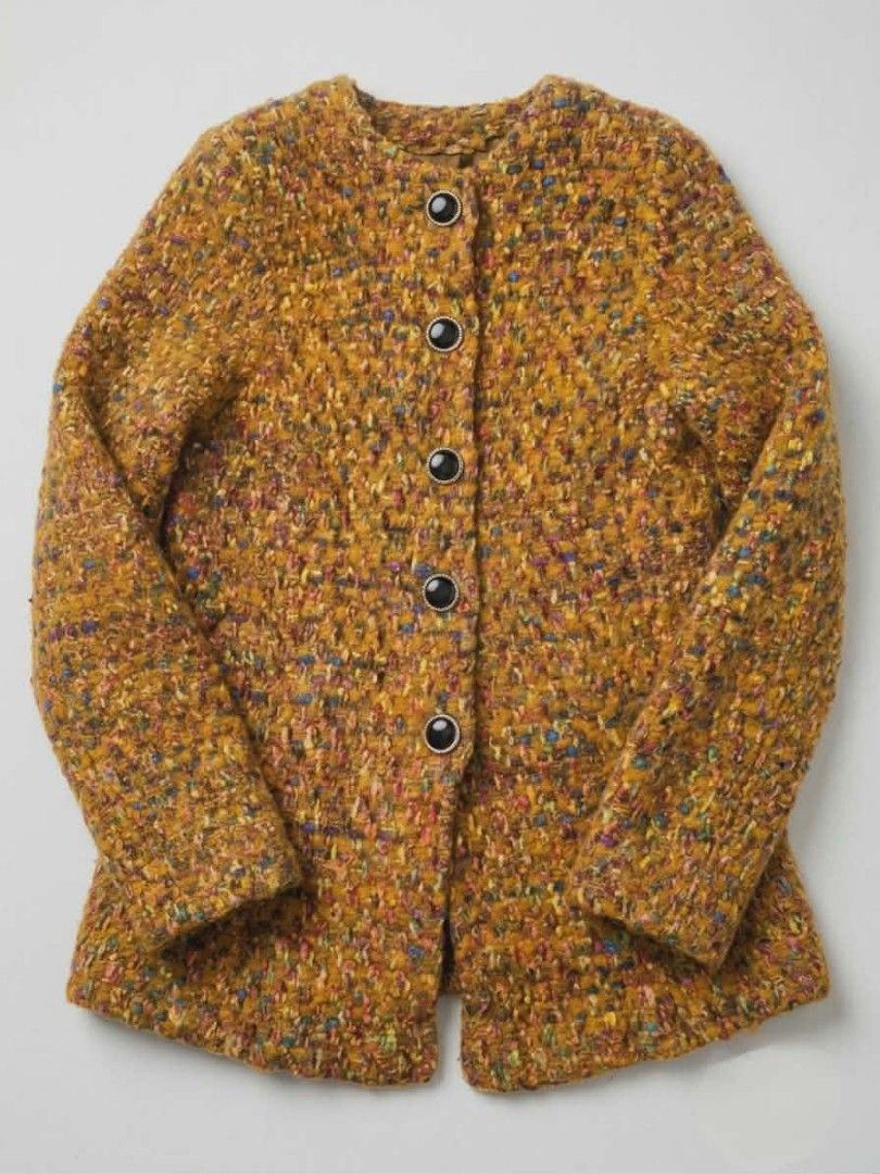 Tweed Button-Up Jacket (Category: Coats, Jackets and Outerwear) located in Manila. Submitted by rtins (Listing ID 1445541199, Image 1). Description: - Textured jacket in a stylish mustard yellow. - Features a classic round neckline. - Secured with black button closures down the front. - Long sleeves for added coverage. - Effortlessly dresses up or down. - Ideal for layering over tops or dresses. size : small .