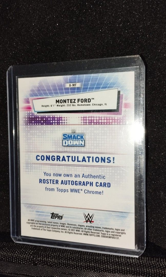 WWE Montez Ford Autographed Signed Card (Category: Raw Singles) located in Mandaluyong City. Submitted by kbkcardsph (Listing ID 1445604155, Image 2). Description: On Card. numbered auto.