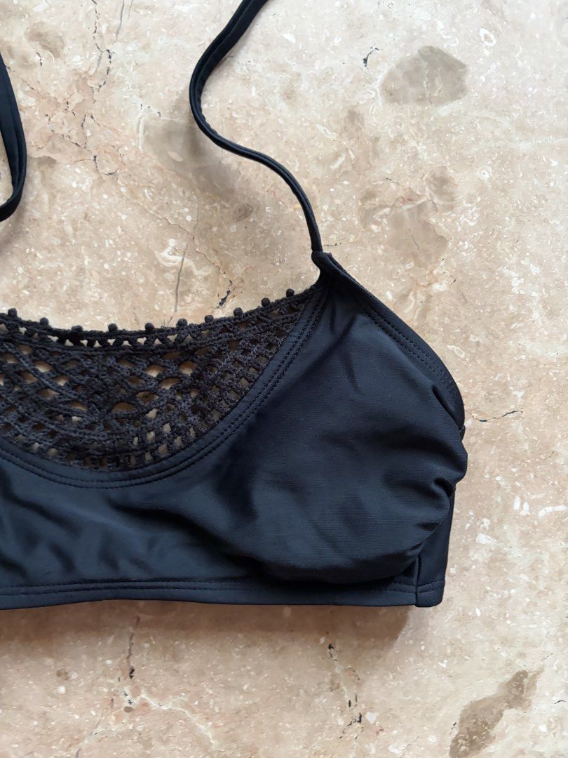 Xhiliration Knit Detail Bikini Top, Black (Category: Bikinis & Swimsuits) located in Quezon City. Submitted by tidyup.lara (Listing ID 1445420122, Image 2). Description: Size S Bust 26” padded Underbust 22” Length 7” without strap Condition 8/10: used but in good condition.