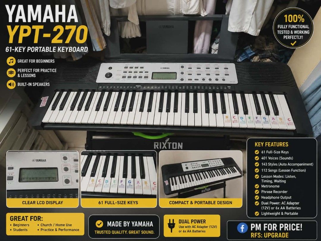 YAMAHA YPT-270 (Category: Musical Instruments) located in Makati City. Submitted by imdgrce (Listing ID 1445490298, Image 1). Description: 🎹 FOR SALE: Yamaha YPT-270 Portable Keyboard 🎹 Looking for a quality keyboard at a great price? We're selling our Yamaha YPT-270, only 4 months old and in excellent condition. ✨ Lady-owned ✨ Well-maintained and rarely used ✨ 61-key portable keyboard ✨ Great for beginners, students, and music enthusiasts ✨ Ex