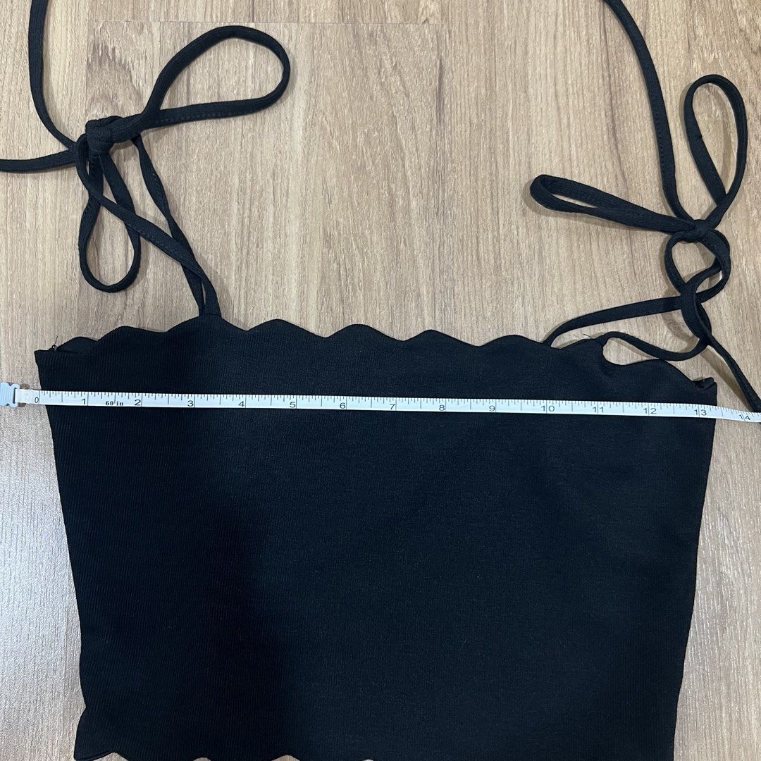 [Zara] Black Scalloped Tie Strap Crop Top (Category: Sleeveless) located in Muntinlupa City. Submitted by shopblank (Listing ID 1445421449, Image 3). Description: Size: Small New without tag Note: Actual when worns are included in the post ONLY IF available. Otherwise, I won’t entertain special ww requests. Thank you! Payments via Gcash / Maya only Shipping via Lalamove / Grab (same day) or J&T Express.