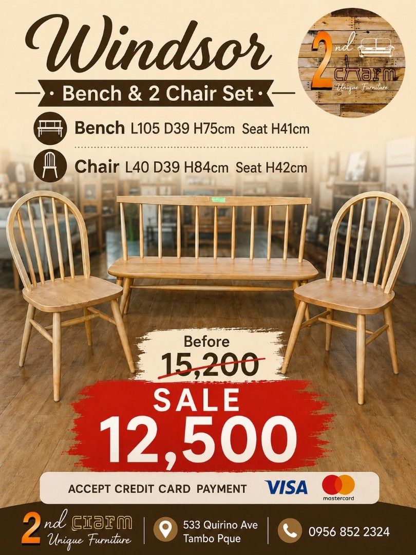 2nd hand Windsor 4 seater dining set: KOSUGA Table + bench + 2chair 4pcs solid wood set (Category: Chairs) located in Paranaque City. Submitted by feybelhaft (Listing ID 1445669637, Image 2). Description: 💳 𝐌𝐨𝐝𝐞 𝐨𝐟 𝐏𝐚𝐲𝐦𝐞𝐧𝐭 ✅ QR Ph Credit Card ✅️ GCash ✅ BDO Bank Transfer ✅ BPI Bank Transfer 📍 𝙋𝙖𝙮𝙢𝙚𝙣𝙩 𝙞𝙨 𝙢𝙖𝙙𝙚 𝙪𝙥𝙤𝙣 𝙥𝙞𝙘𝙠-𝙪𝙥 𝙛𝙧𝙤𝙢 𝙪𝙨..