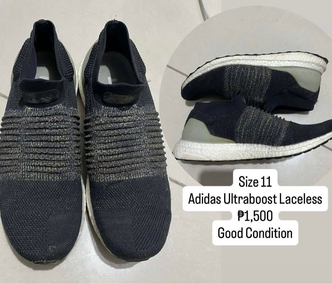 Adidas Ultraboost Laceless Size 11 (Category: Sneakers) located in Quezon City. Submitted by anythingbeautiful (Listing ID 1445781638, Image 1). Description: Adidas Ultraboost Laceless in size 11. Black knit upper with white Boost sole. Comfortable and easy to slip on. Great for running or everyday wear. Selling for P1,500..