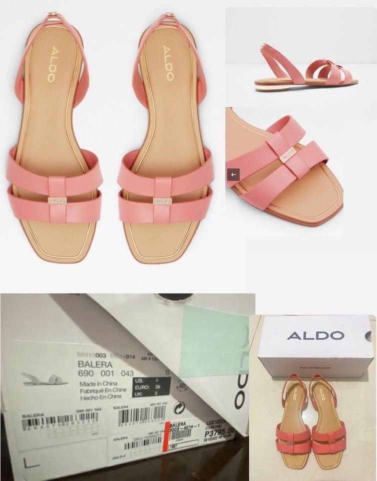ALDO Balera Pink Slingback Flat Sandals (Category: Flats & Sandals) located in Quezon City. Submitted by anythingbeautiful (Listing ID 1445781598, Image 1). Description: Pink ALDO Balera slingback flat sandals. Features a double strap design with gold hardware detail. Size 6 US / 36 EUR. Comes with the original box. Good as new/ Used once.
