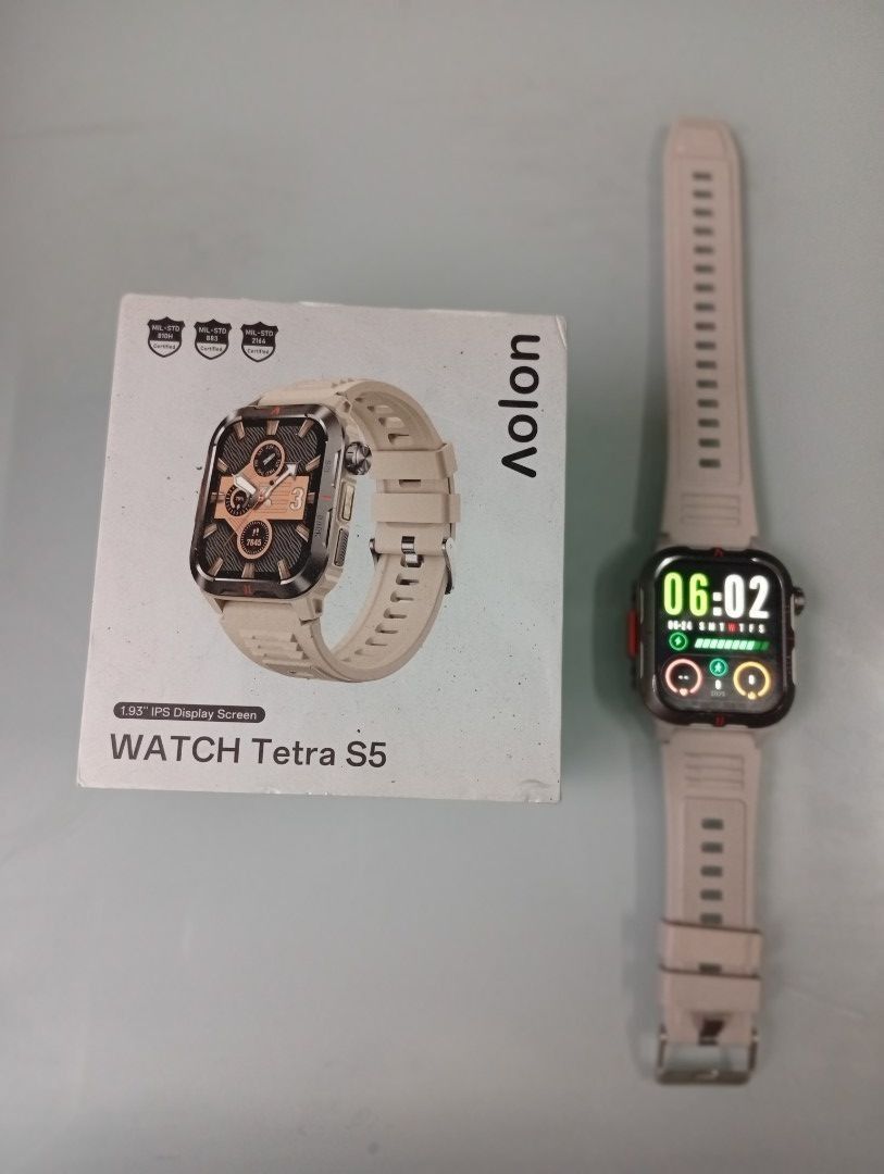 Aolon Tetra S5 smart watch (Category: Wearables & Smart Watches) located in Quezon City. Submitted by purple_haven (Listing ID 1445704045, Image 1). Description: The Aolon Tetra S5 is a rugged, military-grade (MIL-STD-810) smartwatch designed for outdoor and fitness enthusiasts. Priced around ₱1,049 to ₱1,199, it features a 1.93-inch HD display, built-in compass, side flashlight, and 1-ATM/IP68 water resistance. It also includes Bluetooth calling