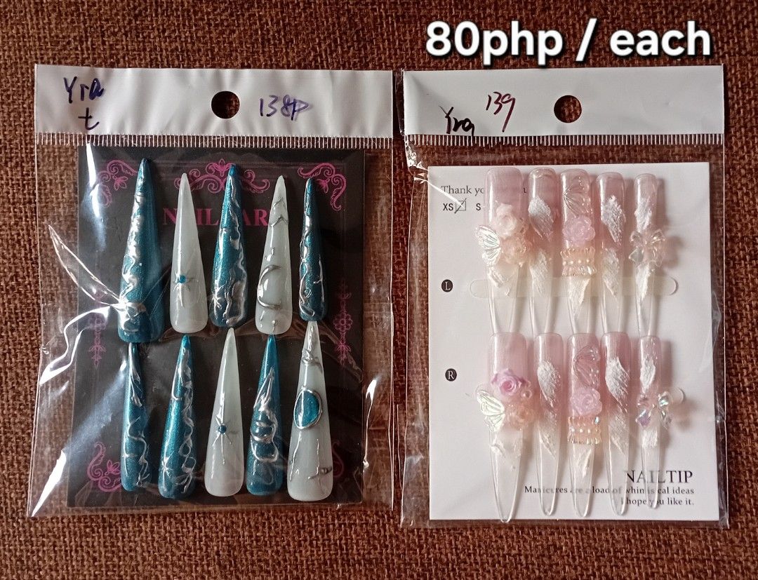 Assorted Press-On Nails (Category: Hands & Nails) located in San Mateo. Submitted by kittenmallows (Listing ID 1445659154, Image 2). Description: Stylish press-on nail sets available. Ideal for quick manicures or special occasions. Some are unworn, clearing it out for more space. Prices vary per set; check photos for details! 80php-150php only 💚 Free SF if you buy more than 3 sets!.