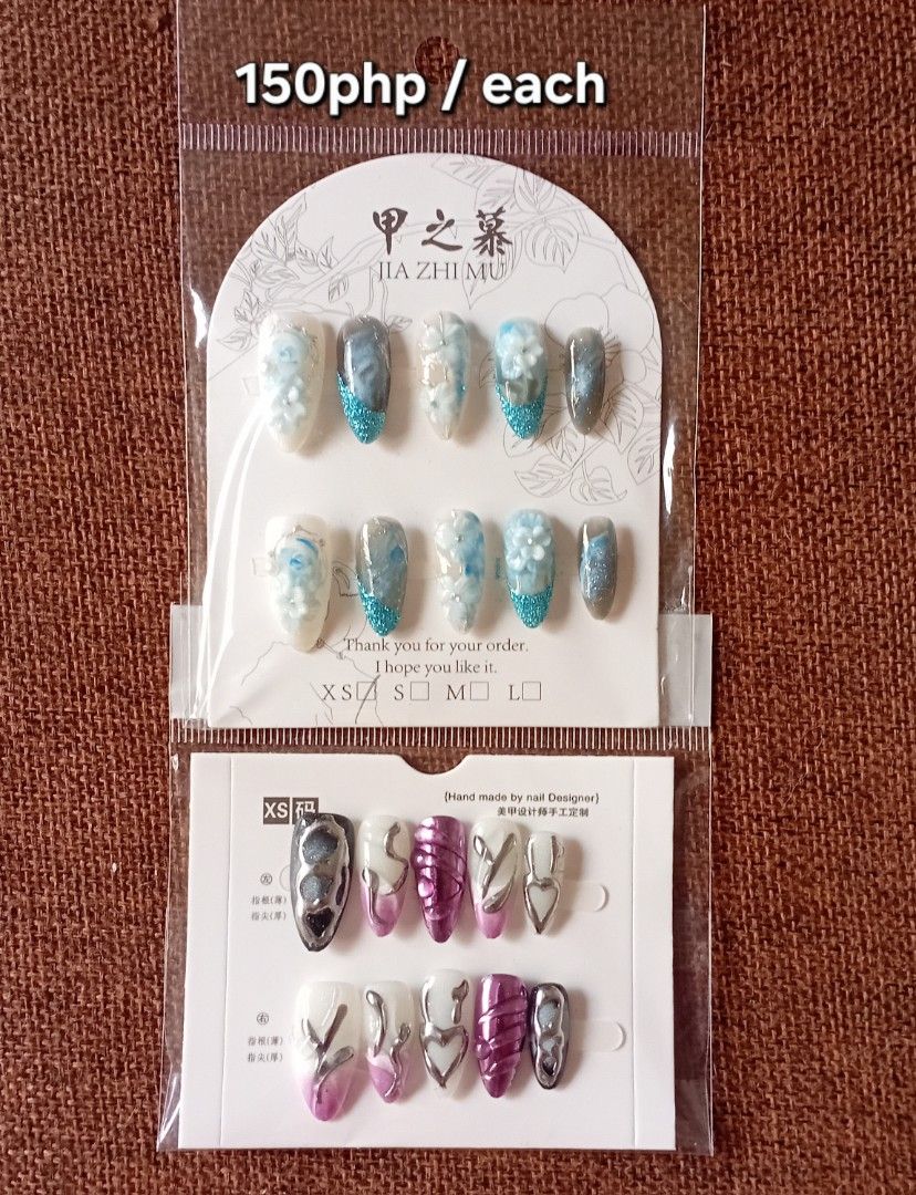 Assorted Press-On Nails (Category: Hands & Nails) located in San Mateo. Submitted by kittenmallows (Listing ID 1445659154, Image 3). Description: Stylish press-on nail sets available. Ideal for quick manicures or special occasions. Some are unworn, clearing it out for more space. Prices vary per set; check photos for details! 80php-150php only 💚 Free SF if you buy more than 3 sets!.