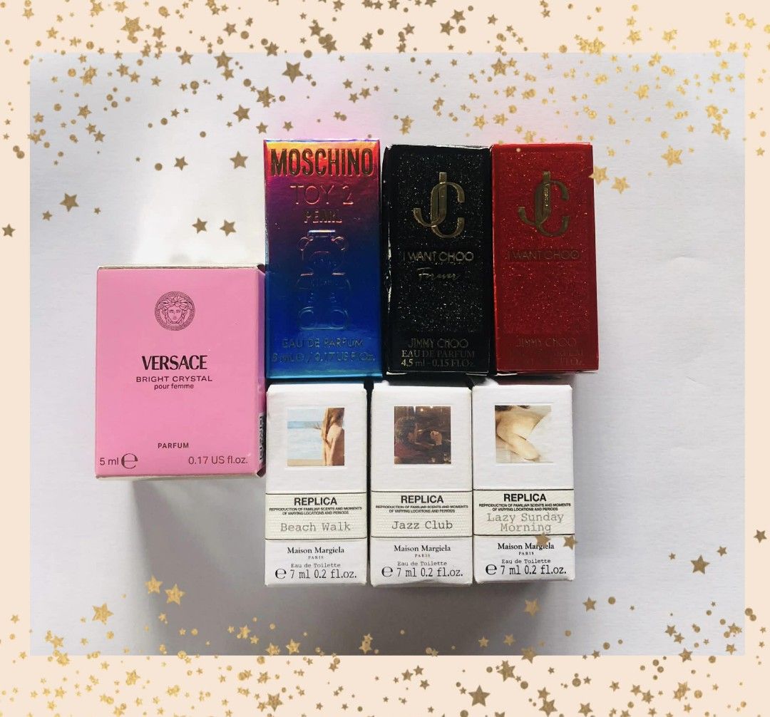 AUTHENTIC MINIATURE PERFUMES ( Price is for each perfume ) (Category: Fragrance & Deodorants) located in Manila. Submitted by nicethingsandstuff (Listing ID 1445700765, Image 1). Description: 📌 Authentuc Miniature Perfumes ☑️ onhand and ready to ship 📌 Available Brands 🔸Versace Bright Crystal Parfum 5ml - 599 🔸Moschino Toy 2 Pearl 5ml - 599 🔸Jimmy Choo I Want Choo Forever 4.5ml - 599 🔸 Jimmy Chio I Want Choo 4.5ml - 599 🔸Maison Margiela Be