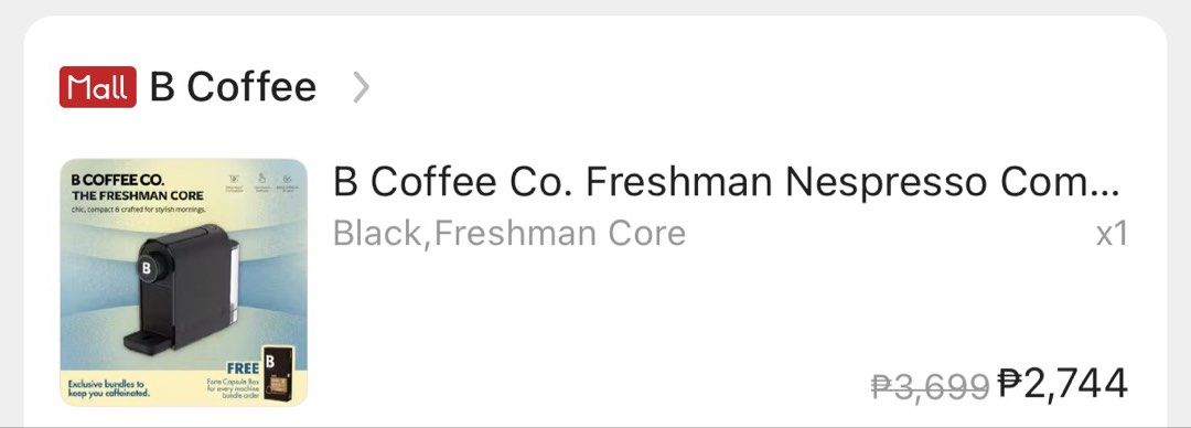 B Coffee Co. Freshman Nespresso Compatible Coffee Machine (Category: Coffee Machines & Makers) located in Makati City. Submitted by dass_ (Listing ID 1445705930, Image 3). Description: barely used. bought first week of June! compatible with Nespresso pods! slightly nego. RFS: no longer needed, moving out loc: Mandaluyong can send actual pic!.