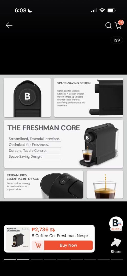 B Coffee Co. Freshman Nespresso Compatible Coffee Machine (Category: Coffee Machines & Makers) located in Makati City. Submitted by dass_ (Listing ID 1445705930, Image 2). Description: barely used. bought first week of June! compatible with Nespresso pods! slightly nego. RFS: no longer needed, moving out loc: Mandaluyong can send actual pic!.