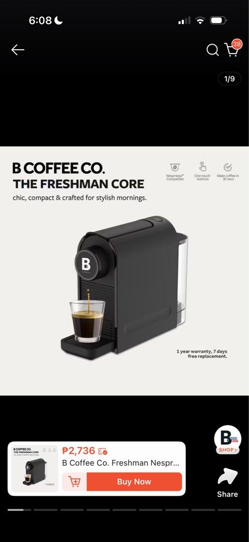 B Coffee Co. Freshman Nespresso Compatible Coffee Machine (Category: Coffee Machines & Makers) located in Makati City. Submitted by dass_ (Listing ID 1445705930, Image 1). Description: barely used. bought first week of June! compatible with Nespresso pods! slightly nego. RFS: no longer needed, moving out loc: Mandaluyong can send actual pic!.