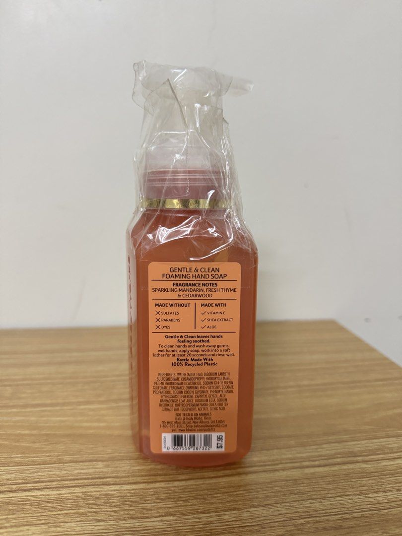 Bath & Body Works Kitchen Mandarin Gentle & Clean Foaming Hand Soap (Category: Bath) located in Tarlac. Submitted by muchlovedstuffs (Listing ID 1445644574, Image 2). Description: - Brand: Bath & Body Works - Product: Gentle & Clean Foaming Hand Soap - Scent: Kitchen Mandarin - Size: 8.75 FL OZ - Key Ingredients: Aloe and Shea Extract - Free From: Sulfates, Parabens, Dyes - Fragrance Notes: Sparkling Mandarin, Fresh Thyme, Cedarwood - Eco-Friendl