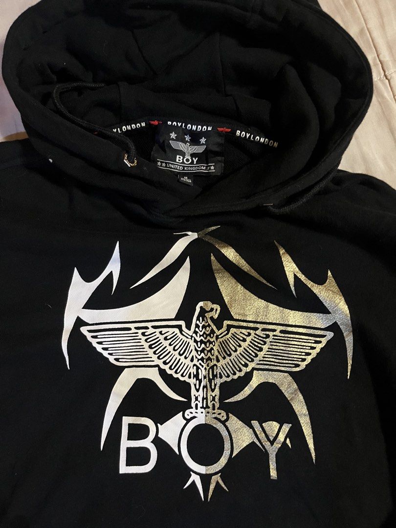 BOY London Black Eagle Graphic Hoodie (Category: Hoodies) located in Santa Rosa. Submitted by shoplikem_ (Listing ID 1445733216, Image 3). Description: OG SIZE: LARGE - Black BOY London hoodie - Iconic eagle graphic on front - Graphic detail on sleeves - Front pocket - Hooded design - Tagged size M.