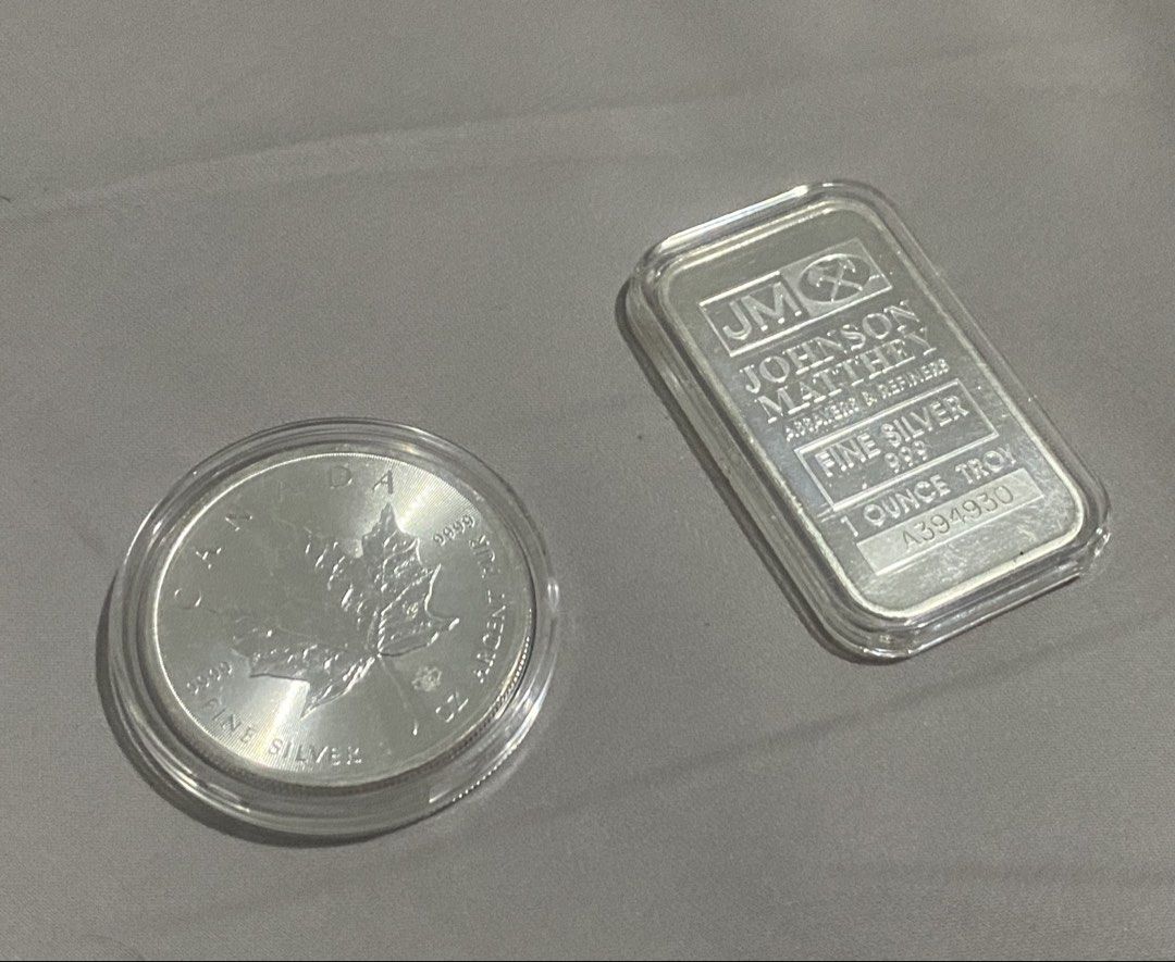 Bullion Silver Maple Leaf Coin & Johnson Matthey Silver Bar (Category: Currency) located in Manila. Submitted by brandedclothes (Listing ID 1445688729, Image 1). Description: Authentic Bullion silver From Singapore.