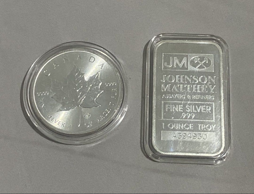 Bullion Silver Maple Leaf Coin & Johnson Matthey Silver Bar (Category: Currency) located in Manila. Submitted by brandedclothes (Listing ID 1445688729, Image 2). Description: Authentic Bullion silver From Singapore.