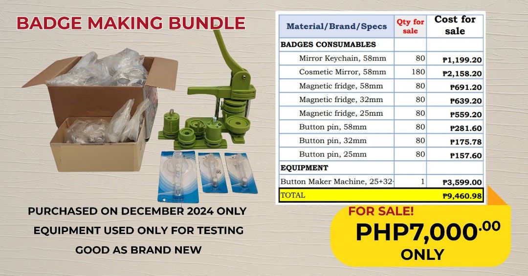 Button badge maker (Category: Craft Supplies & Tools) located in Paranaque City. Submitted by fiercemoon_02d8b2 (Listing ID 1445679212, Image 2). Description: sizes.25mm,32mm and 58mm used in making button pins pocket mirrors fridge magnets.