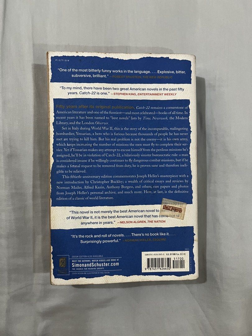 Catch-22 by Joseph Heller 50th Anniversary Edition (Category: Storybooks) located in Quezon City. Submitted by dgbart (Listing ID 1445696887, Image 2). Description: Catch-22 by Joseph Heller, 50th Anniversary Edition Clean. No missing pages. No folded pages or folds on the cover. Text still fully readable! Issues: Slight crack on the spine Yellowing and foxing of pages Black spots on front cover.