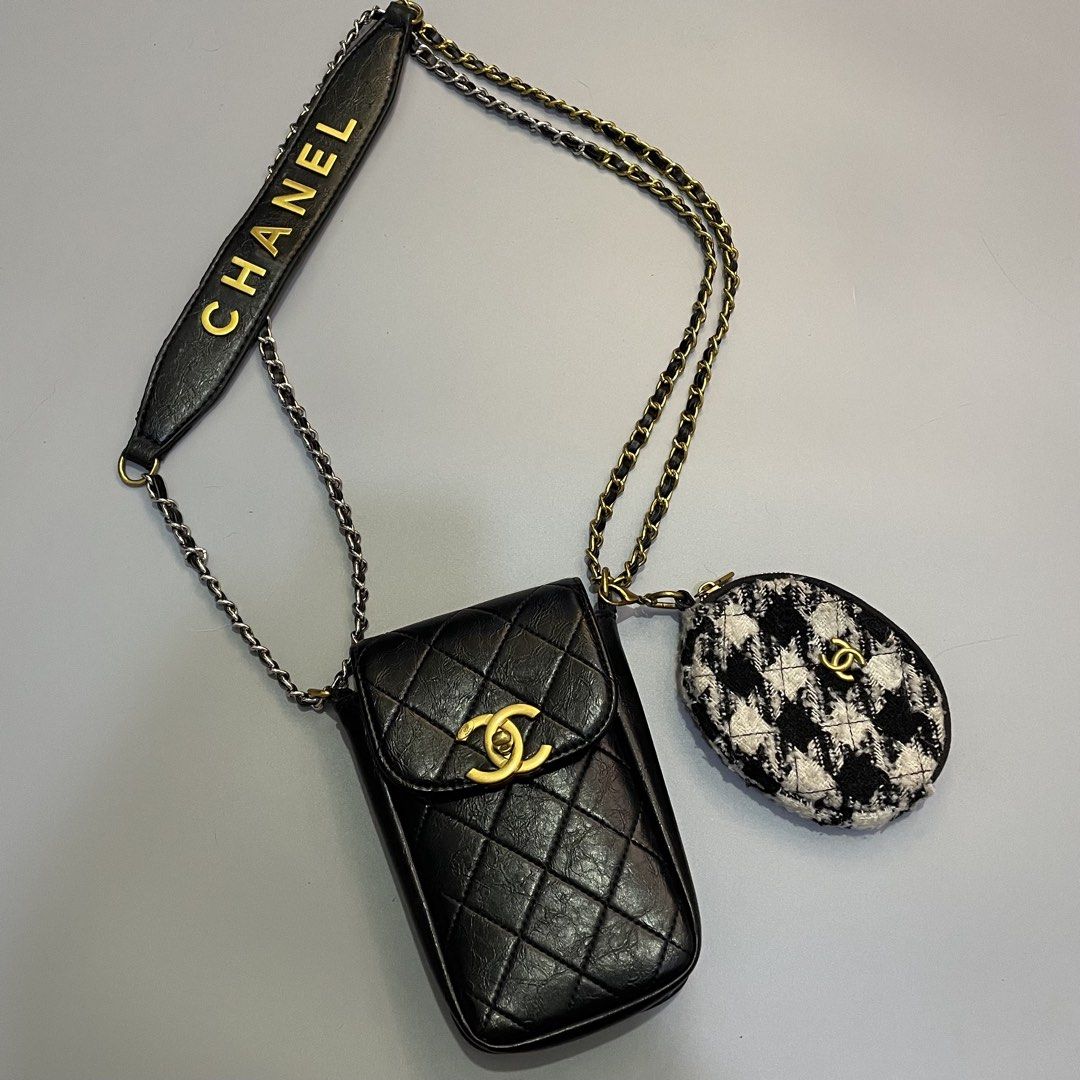 Chanel Exclusive Novelty Shoulder Bag (Category: Luxury Bags & Wallets) located in Baguio. Submitted by 2ndstory.vntg (Listing ID 1445737372, Image 1). Description: CHANEL EXCLUSIVE NOVELTY SHOULDER BAG✨ Authentic💯 Pouch: Black quilted material with a gold interlocking CC clasp. Purse: Tweed coin pouch attached to a gold and silver interwoven chain. Strap: Black leather strap with gold "CHANEL" lettering. 🏷️₱2,000 — free shipping! 📍Baguio City