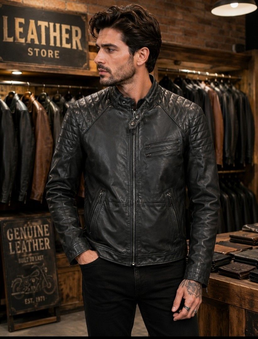 CHEVIGNON CAFE RACER LEATHER JACKET FOR MEN'S (Category: Coats, Jackets and Outerwear) located in Baguio. Submitted by vertex_nga.pow (Listing ID 1445719937, Image 1). Description: CHEVIGNON CAFE RACER LEATHER JACKET FOR MEN'S SMALL MEDUIM/FIT TO MEDUIM DIMENSION 26L BY 20 ARMPIT TO ARMPIT 17 INCHES SHOULDER TO SHOULDER 24.5 INCHES SLEEVE LAMB SKIN LEATHER MATERIAL EXCELLENT CONDITION BAGUIO LOCATION PLUS SF SA MALAYU JNT COURIER PASS COD UNLI VO