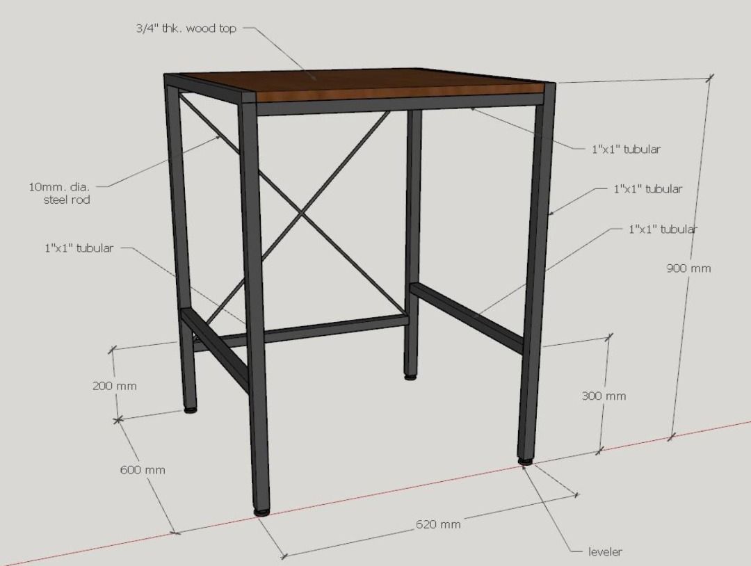 Custom-built Industrial Style Table with Metal Frame (Category: Tables & Sets) located in Caloocan City. Submitted by nicholass69897 (Listing ID 1445665917, Image 3). Description: Custom-built Industrial Style Table with Metal Frame - Size: 62 cm (L) x 60 cm (W) x 90 cm (H) - Has adjustable feet - Wood top (chipped) and metal frame - Can be a bar table or a kitchen rack location: Ortigas, Pasig.