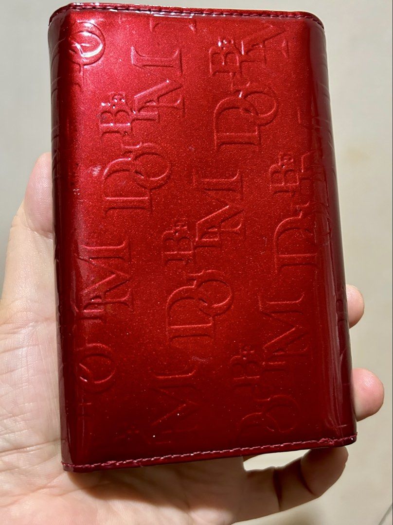DOUBLE-M Red Patent Leather Embossed Logo Wallet (Category: Wallets & Card holders) located in Quezon City. Submitted by asiaco (Listing ID 1445667389, Image 2). Description: Chic red patent leather wallet with embossed DOUBLE-M logo and sparkling crystal clasp. Features card slots and coin pouch. Made in Italy. Minor exterior scuffs as shown..