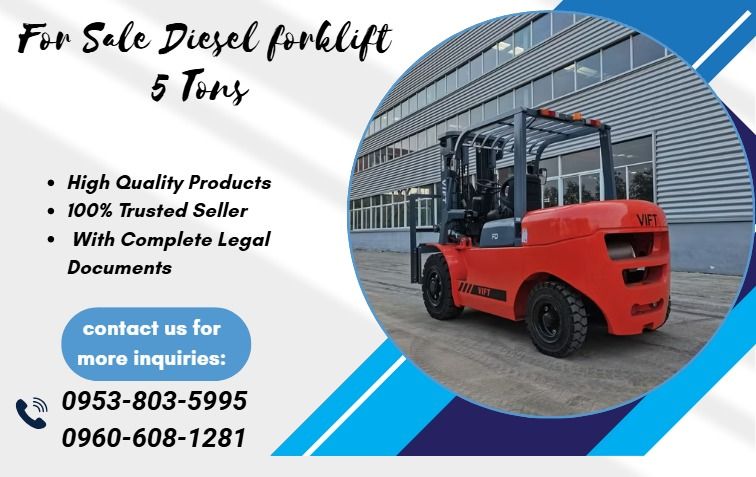 For Sale Diesel forklift 5 Tons (Category: Everything Else Others) located in Caloocan City. Submitted by 09945233960 (Listing ID 1445693568, Image 1). Description: ●Loading capacity:5000kg ●Max. lifting height:3000mm ●Minimum ground clearance:126mm Speed (no-load altitude) km/h:28km/h ●Minimum turning radius:2950mm ●Fork length:1070mm ●Maximum adjustment of fork outside:300 ～1340MM ●Engine Brand: QUANCHAI4C4 -50V31 ●Size:2932*1225*2180 ●Wheelbas
