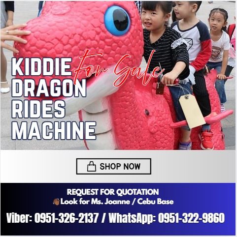 For Sale Dragon Kiddie Rides Machine (Category: Everything Else Others) located in Caloocan City. Submitted by cleverdog_5a203a (Listing ID 1445629774, Image 1). Description: Movement: 1. Running forward and Back 2. Turn left and right 3. Music/Sounds Control: button control/ Coin Operated/ Remote Control Weight (KG): 43kg Size (L*W*H): 2.0*0.9*1.1m Advantages: 1. Battery: 2 pieces of 12 volts storage battery, working time longer. 2. Charging tim