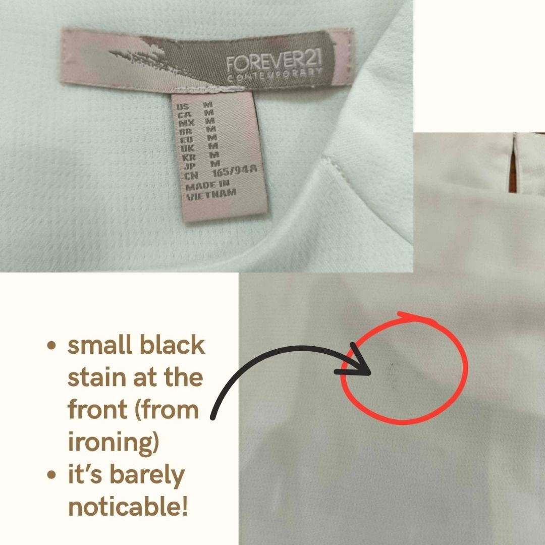 Forever 21 Contemporary White Boxy Blouse (Category: Blouses) located in Cebu City. Submitted by declutterwithciara (Listing ID 1445661121, Image 3). Description: Good condition; Lightly used with a minor flaw. Perfect for smart-casual wear or the office! Size: Medium; but works well for small to large frames! It fits like a standard women's medium (relaxed, breezy fit) Flaw (see 3rd photo) : Has a very small, faint black mark at the front (light