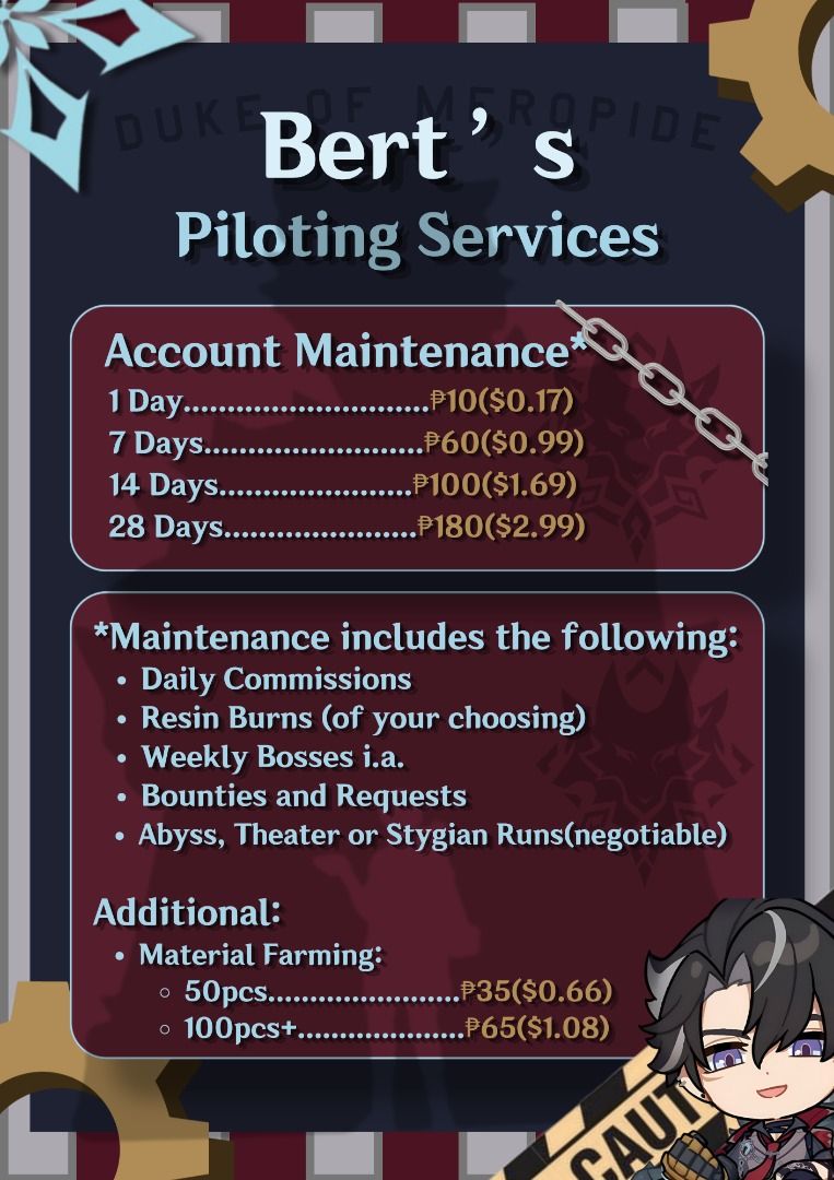 Genshin Piloting Services(First Time Discount!!) (Category: Others) located in Ajuy. Submitted by halcyon.fx (Listing ID 1445687735, Image 2). Description: Discount for First Time Purchases!.