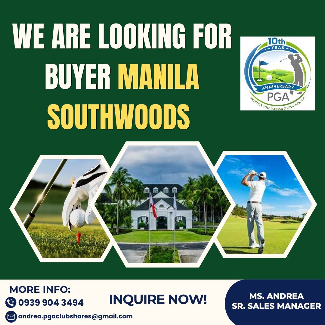 GOLF & COUNTRY CLUB SHARE (Category: Golf) located in Muntinlupa City. Submitted by andrea.pgaclubshares (Listing ID 1445666818, Image 3). Description: Good day, Golfers! ⛳ This is Andrea from PGA Clubshares. We are currently looking for buyers for the following golf club shares: 🏌️ Palms Country Club 🏌️ Canlubang Golf & Country Club 🏌️ Manila Southwoods Golf & Country Club Enjoy your game while staying safe and healthy! ⛳ Thank you! #prestige