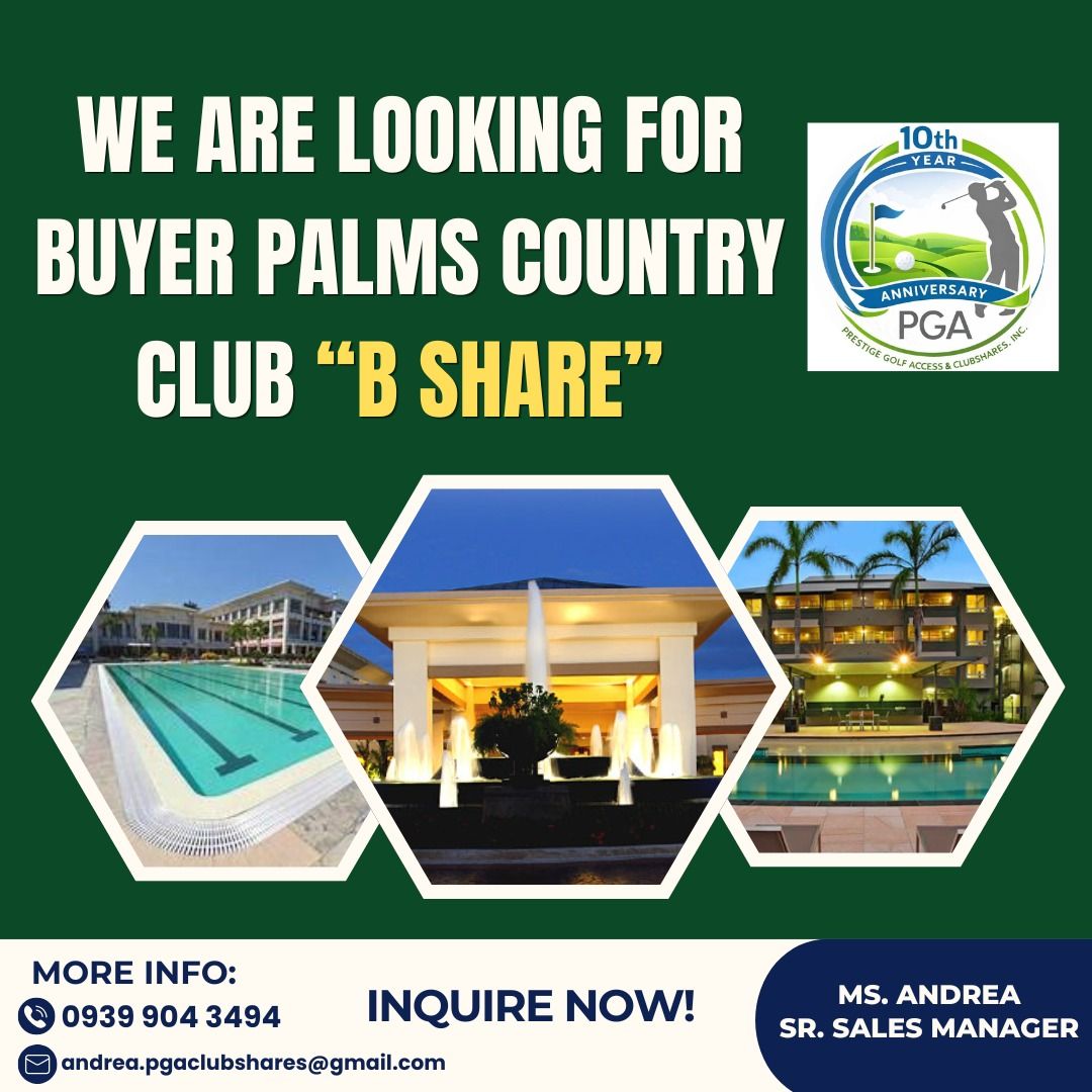 GOLF & COUNTRY CLUB SHARE (Category: Golf) located in Muntinlupa City. Submitted by andrea.pgaclubshares (Listing ID 1445666818, Image 1). Description: Good day, Golfers! ⛳ This is Andrea from PGA Clubshares. We are currently looking for buyers for the following golf club shares: 🏌️ Palms Country Club 🏌️ Canlubang Golf & Country Club 🏌️ Manila Southwoods Golf & Country Club Enjoy your game while staying safe and healthy! ⛳ Thank you! #prestige