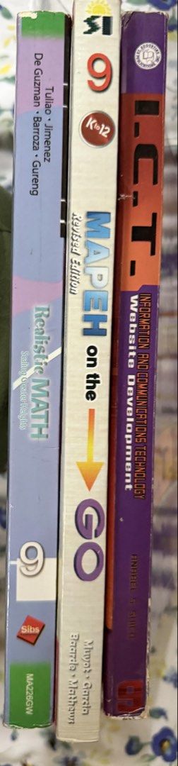 Grade 9 & 6 Textbooks - Various Subjects (Category: Textbooks) located in Las Pinas. Submitted by mightybird.a4339c (Listing ID 1445648047, Image 2). Description: - Bundle includes Grade 6 and Grade 9 textbooks. - Subjects covered: English, Technology and Livelihood Education (TLE), MAPEH, Mathematics, ICT, Science and Technology, and Araling Panlipunan. - Some books are K-12 edition. - Ideal for students needing study materials or collectors. - 