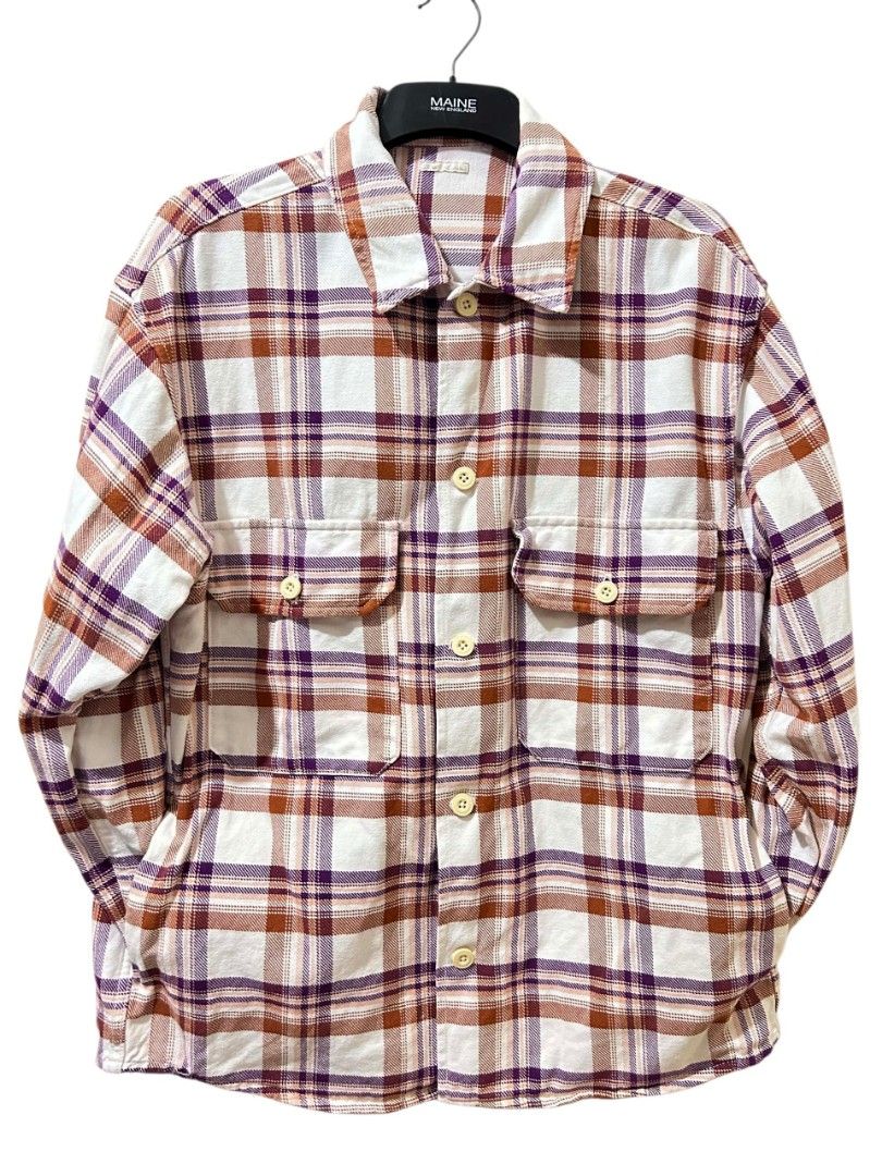 GU Men's CPO Check (Category: Coats, Jackets and Outerwear) located in Manila. Submitted by biniyayaan (Listing ID 1445621781, Image 2). Description: Brand: GU (a Japanese brand under the Uniqlo umbrella) Style: CPO (Chief Petty Officer) shirt jacket with an oversized fit Details: Features dual chest pockets and a flannel-style check pattern in brown and purple 450 + ship.