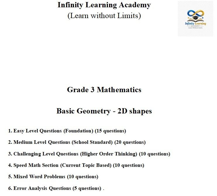 Infinity Learning Academy Grade 3 Math Basic Geometry Workbook (Category: Textbooks) located in Singapore. Submitted by infinitylearningacademy26 (Listing ID 1445736045, Image 1). Description: 📚 Grade 3 Mathematics Worksheet – Basic Geometry 2D Shapes Make learning fun and engaging with this comprehensive Grade 3 worksheet on 2D Shapes! 🎯 What's Included: ✅ Concept Explanation with examples ✅ Step-by-Step Solved Examples ✅ Easy Level Questions 