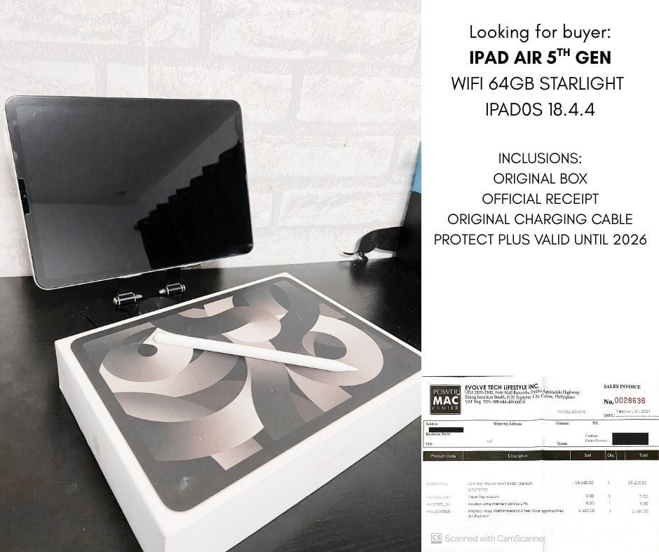 iPad Air 5th Gen WiFi 64GB Starlight (Category: iPad) located in Manila. Submitted by arkkii (Listing ID 1445667800, Image 1). Description: - iPad Air 5th Gen - WiFi Model - 64GB Storage - Starlight Color - Running iPadOS 18.4.4 - Includes original box, official receipt, and charging cable - Protect Plus valid until 2026 - Ideal for everyday tasks.