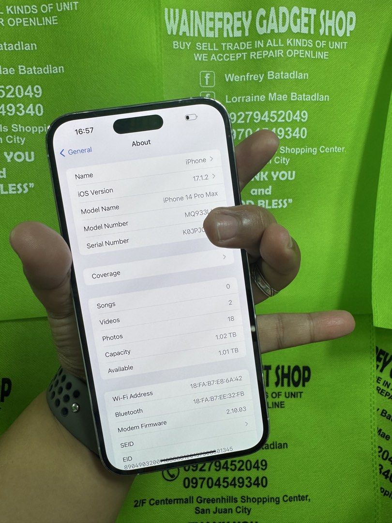 iPhone 14Promax 1tb (Esim Only) (Category: iPhone 14 Series) located in San Juan City. Submitted by wainefreygadgetshop (Listing ID 1445693676, Image 2). Description: iPhone 14Promax 1tb (Esim Only) (E-SIM ONLY) MAY TRUE TONE MAY FACE I.D 87% BATTERY HEALTH NO REPAIR HISTORY NO HIDDEN ISSUE TEST TO SAWA BAGO BAYARAN NOTE: HINDI PEDE PHYSICAL SIM ,E-SIM LANG PWEDE NO SIM RESTRICTIONS Buy at your own risk 😊 For fast transaction call/text 092794520