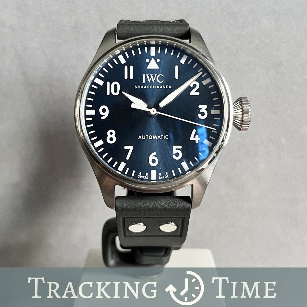 IWC Big Pilot 43mm Blue Sunburst Dial Stainless Steel Automatic Rubber Strap IW329303 (February 2022) (Category: Watches) located in Singapore. Submitted by trackingtime (Listing ID 1445620501, Image 1). Description: Dated February 2022 Mint Condition IWC AD Set No dings dents or cuts! 100% Unpolished, from 1st Owner! IWC redesigned the IWC Big Pilot in 2021, they shrunk the size of the case but kept the original DNA of the Big Pilot! Crafted in 