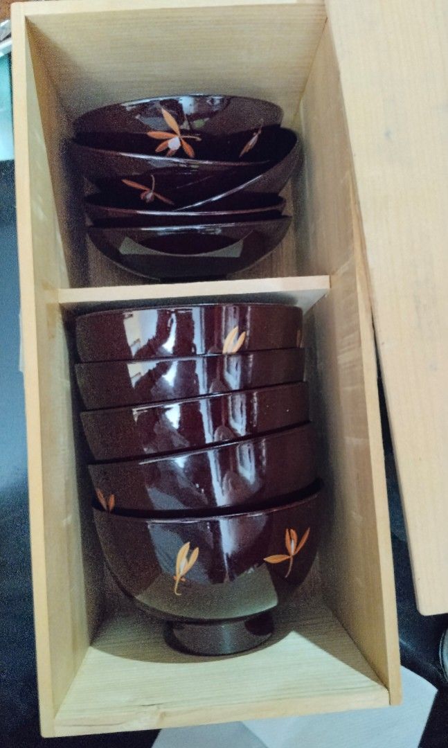 Japanese Lacquer Soup Bowls with Lids Set (Category: Dinnerware & Cutlery) located in Paranaque City. Submitted by jes_sy012 (Listing ID 1445646838, Image 2). Description: - Beautiful set of Japanese lacquer soup bowls -5Pcs Set - Dark brown with a delicate leaf design - Includes matching lids - Comes in original wooden box - Great for serving soup or rice - Perfect for a traditional dining experience - Stored carefully.