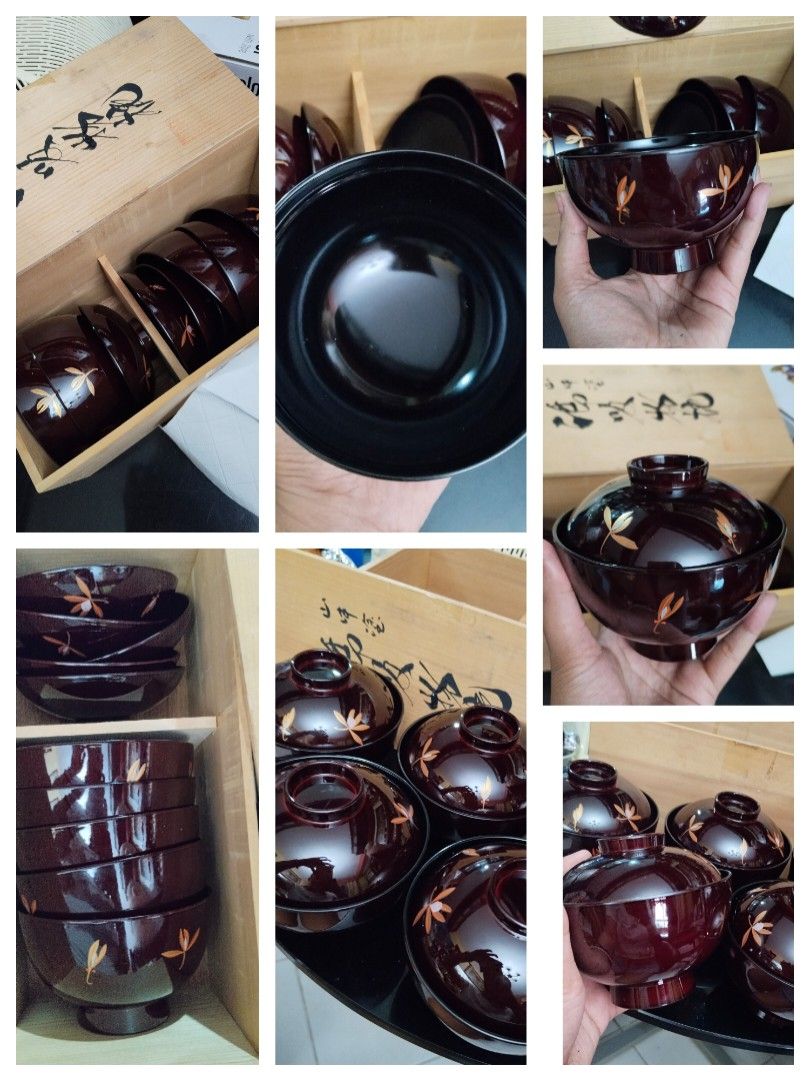 Japanese Lacquer Soup Bowls with Lids Set (Category: Dinnerware & Cutlery) located in Paranaque City. Submitted by jes_sy012 (Listing ID 1445646838, Image 1). Description: - Beautiful set of Japanese lacquer soup bowls -5Pcs Set - Dark brown with a delicate leaf design - Includes matching lids - Comes in original wooden box - Great for serving soup or rice - Perfect for a traditional dining experience - Stored carefully.