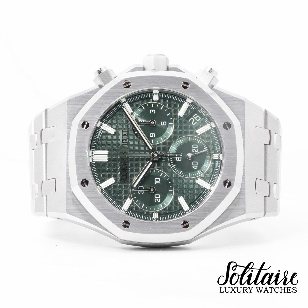 JUNE 2026 BRAND NEW Audemars Piguet Royal Oak Khaki Green Dial 26240ST 26240ST.OO.1320ST.08 (Category: Watches) located in Singapore. Submitted by solitaire.luxury (Listing ID 1445647986, Image 1). Description: Subscribe now for Monthly Mega Sale at our Tele : https://bit.ly/Solitaireluxury Brand : AP Model : 26240ST.OO.1320ST.08 Condition : LIKE NEW Dated : JUNE 2026 Warranty : 5 Years International Warranty Box : Included Papers/Certification :