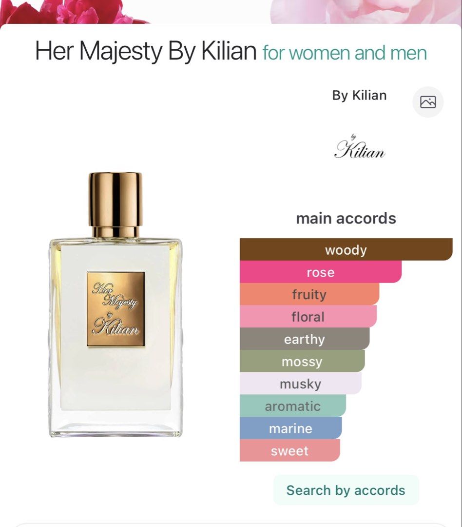 Kilian Her Majesty edp 7.5ml (Category: Fragrance & Deodorants) located in Mexico. Submitted by happymoby (Listing ID 1445640443, Image 3). Description: Her Majesty by By Kilian is a Chypre Floral fragrance for women and men. This is a new fragrance. Her Majesty was launched in 2026. The nose behind this fragrance is Caroline Dumur. Top notes are White Peach, Rum and Aquatic notes; middle notes are Rose and Ambrette; base notes are Oakmoss, Cedar