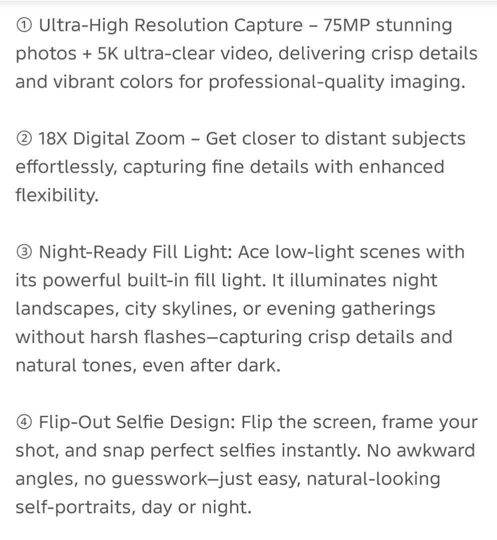 Kitbeez KP-4 Profession Digital Camera (75 MP) (Category: Cameras) located in Trece Martires City. Submitted by prelovedby84 (Listing ID 1445671364, Image 3). Description: - Kitbeez KP-4 Professional Camera - Built-in WiFi connectivity - Intelligent pop-up flash - 180-degree flip screen for versatile shooting - User manual and accessories included - Perfect for capturing all your precious memories - RFS: just stored, used once or twice only.