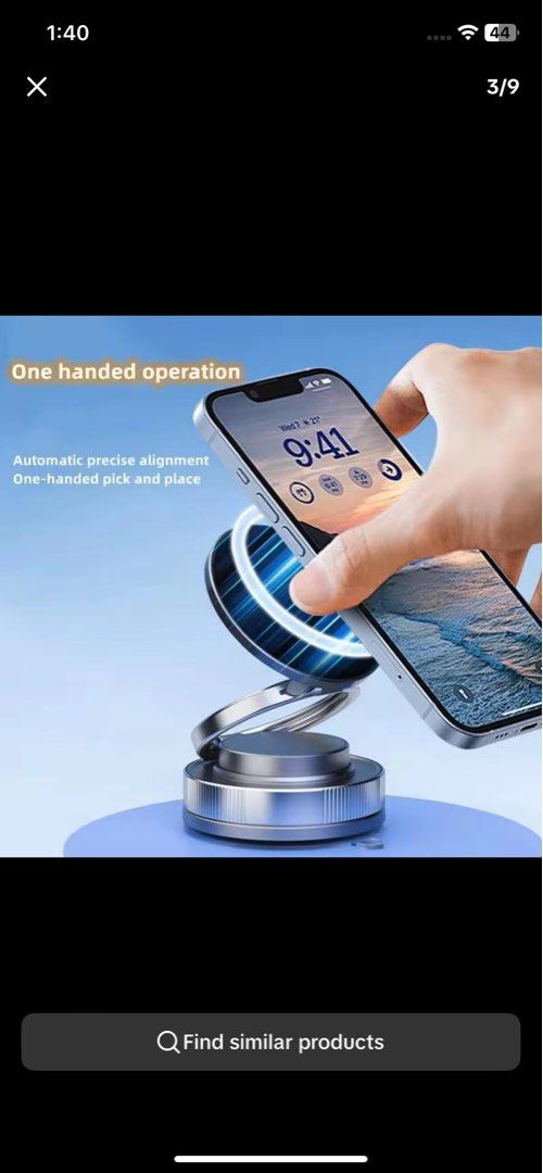 Magnetic Phone Stand with Ring Holder (Category: Mounts & Holders) located in Manila. Submitted by reginemarquez412 (Listing ID 1445702566, Image 2). Description: - Effortless one-handed phone operation - Automatic precise magnetic alignment - Easy pick-up and place functionality - Adjustable ring holder for customized viewing - Compact and versatile accessory - Perfect for watching videos and video calls.