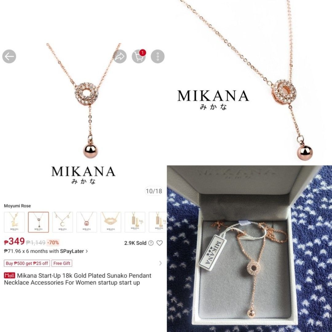 Mikana Necklace with Pendant (Category: Necklaces) located in Quezon City. Submitted by rosepam (Listing ID 1445625875, Image 3). Description: Mikana Necklace with Pendant 18k gold plated, Cubic zircon crystals Hypoallergenic 150/each .. FIX PRICE Hinata Shell Pearl "Legend of the Blue Sea" Moyumi Rose Gold (3 pcs avail) Initials "O" Letter (2 pcs avail) Yumi Layered Box includes: Mikana Jewelry box Mikana Pouch Polishing cloth *(dented cardboard