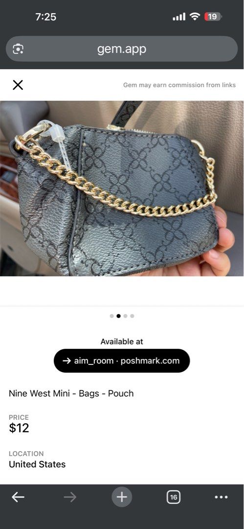 Original Nine West Mini Pouch Bag with silver chain (Category: Purses & Pouches) located in Manila. Submitted by shayne2 (Listing ID 1445642918, Image 2). Description: Guaranteed Original. From US - Brand: Nine West - Color: Dark Grey - Features: Signature Nine West pattern, gold chain strap - Size: Mini, perfect for essentials - Style: Compact and easy to carry.