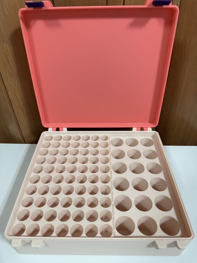 Peptide organizer/box 70 slots (3ml) 18 slots (10ml) (Category: Storage Boxes & Baskets) located in Makati City. Submitted by everything.peachy (Listing ID 1445692783, Image 1). Description: - Handy storage case with dual-sided compartments for 3ml and 10ml vials - Bright pink lid with secure purple clasps. Can customize colors - Perfect for organizing vials On-hand & pre-order ( for customized colors).