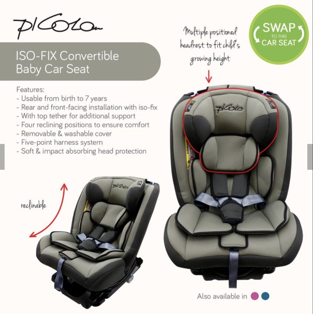 PICOLO Isofix Convertible Car Seat (Category: Car Seats) located in San Leonardo. Submitted by siobhan_28 (Listing ID 1445714831, Image 1). Description: RFS: Upgraded to booster seat Bought in SM San Lazaro for 12,000 pesos Features: - Usable from birth to 7 years - Rear and front-facing installation with iso-fix - With top tether for additional support - Four reclining positions to ensure comfort - Removable & washable cover - Five-point harness