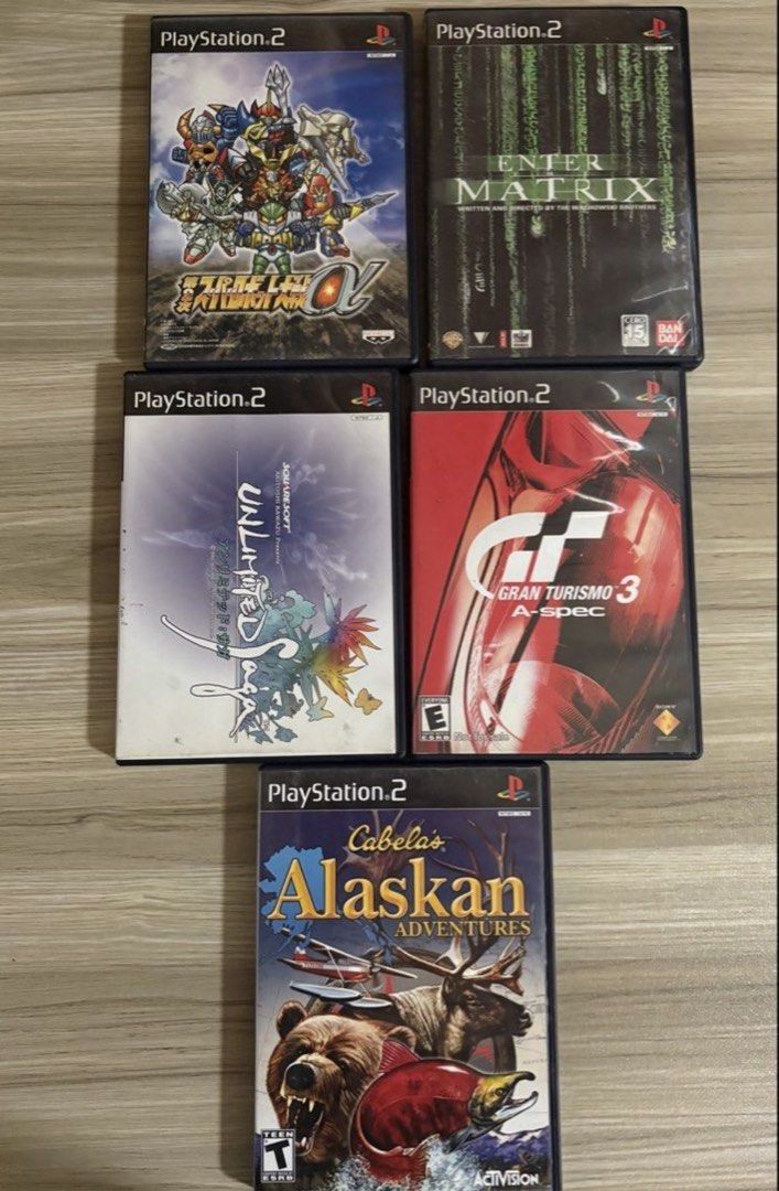 PlayStation 2 Games Bundle: Ntsc-J/Ntsc-U (Category: PlayStation) located in Manila. Submitted by jaydershuy03954 (Listing ID 1445609648, Image 1). Description: Free shipping!! Ps2 games bundle (tested working sa modified ps2 ko) -Enter the Matrix(NTSC-J) -Unlimited Saga(NTSC-J) -2nd Super Robot Wars Alpha.(NTSC-J) -Gran Turismo 3 A-spec(NTSC-U/C) -Cabela's Alaskan Adventure(NTSC-U/C) .
